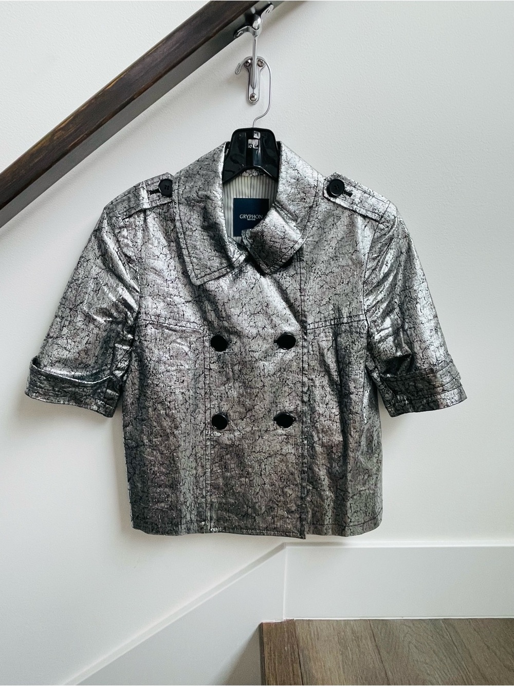 Gryphon Silver Metallic Textured Crop Jacket